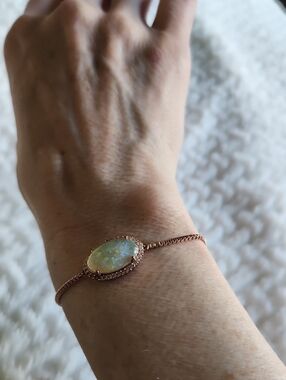 Rose Gold Tone Oval Opal & CZ Halo Adjustable Slider Friendship Bracelet
